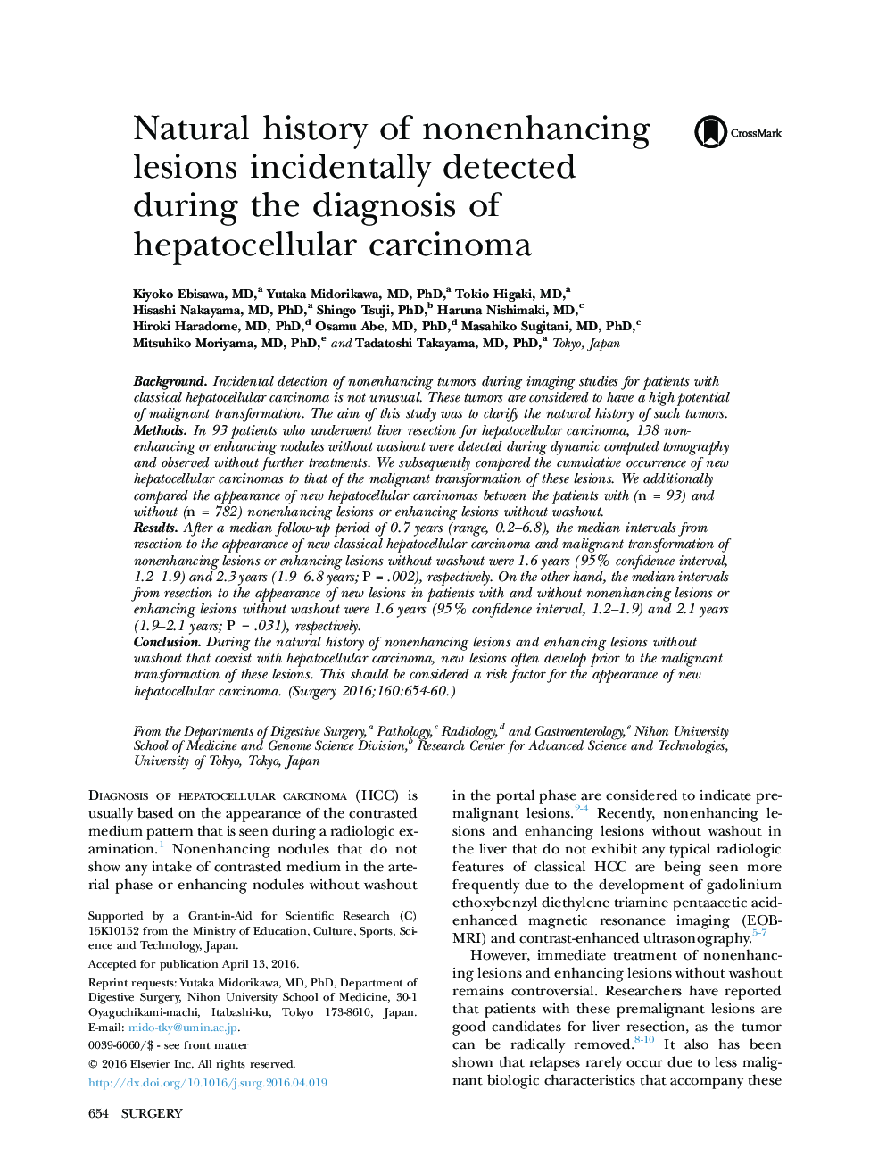 Liver/Bile DuctsNatural history of nonenhancing lesions incidentally detected during the diagnosis of hepatocellular carcinoma