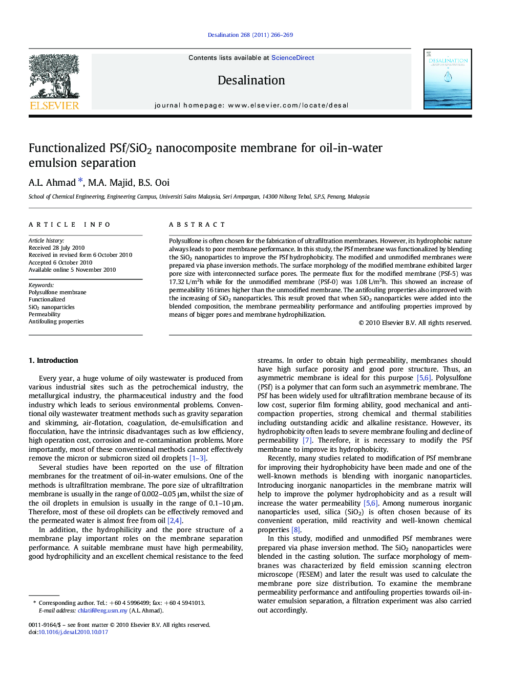 Functionalized PSf/SiO2 nanocomposite membrane for oil-in-water emulsion separation