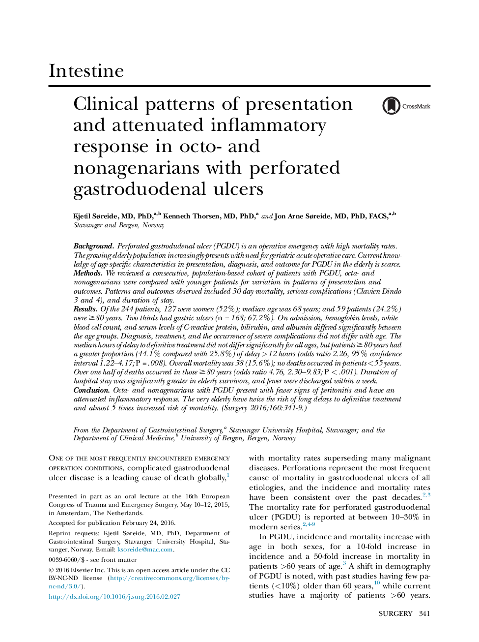 IntestineClinical patterns of presentation and attenuated inflammatory response in octo- and nonagenarians with perforated gastroduodenal ulcers