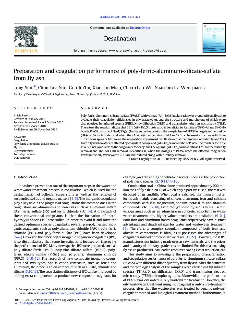 Preparation and coagulation performance of poly-ferric-aluminum-silicate-sulfate from fly ash