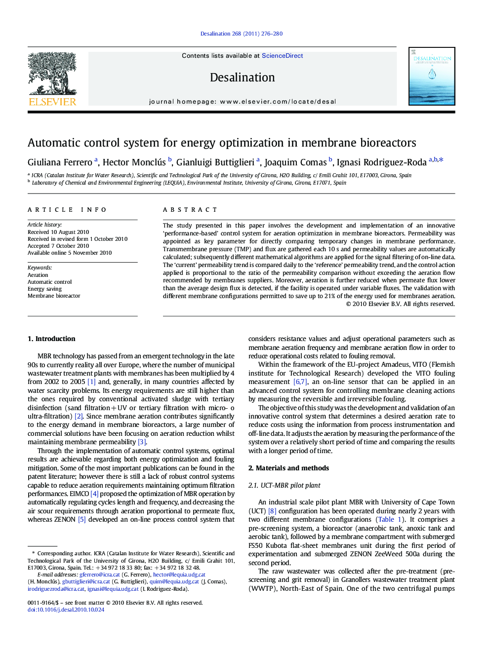 Automatic control system for energy optimization in membrane bioreactors