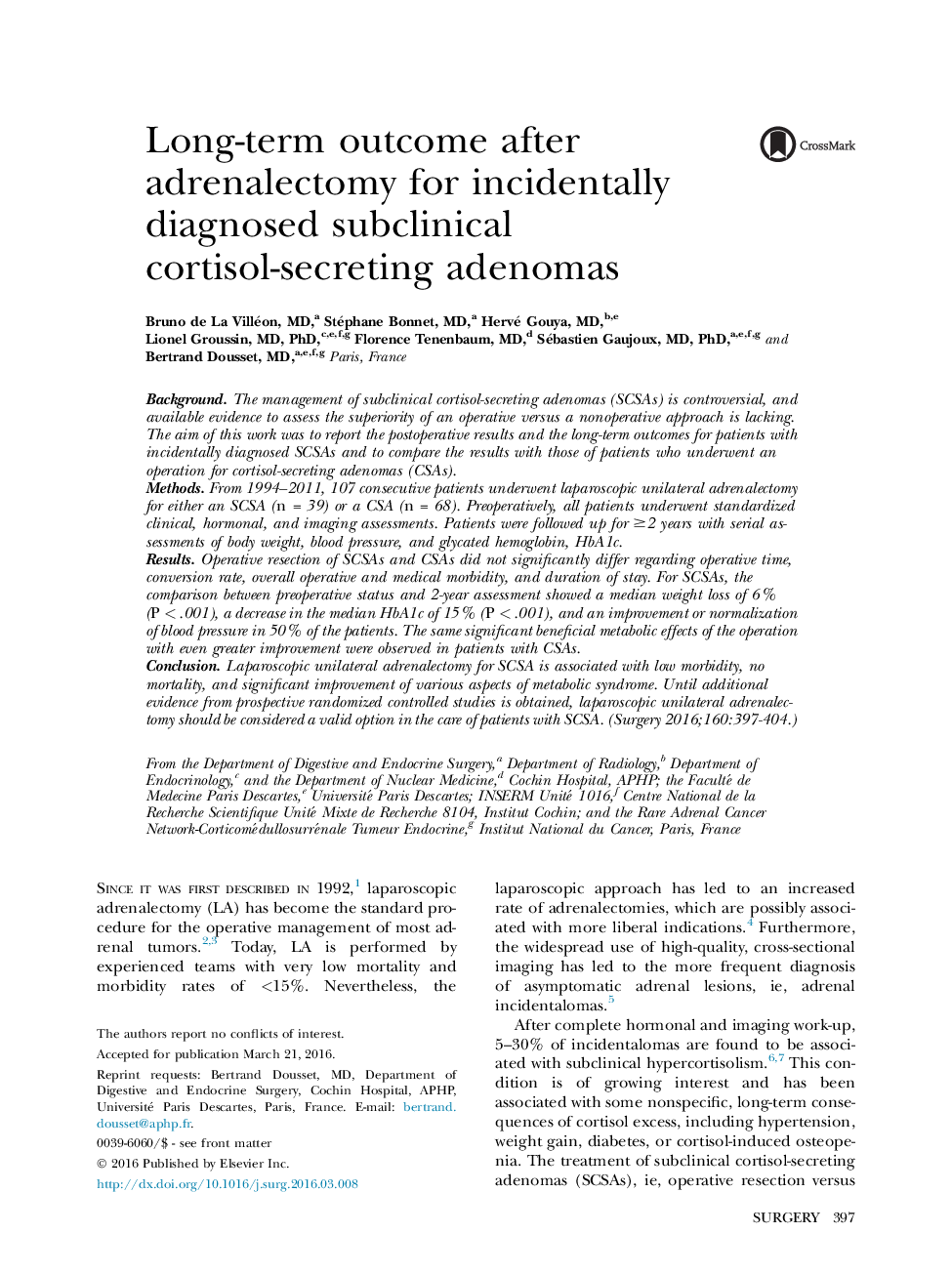 EndocrineLong-term outcome after adrenalectomy for incidentally diagnosed subclinical cortisol-secreting adenomas