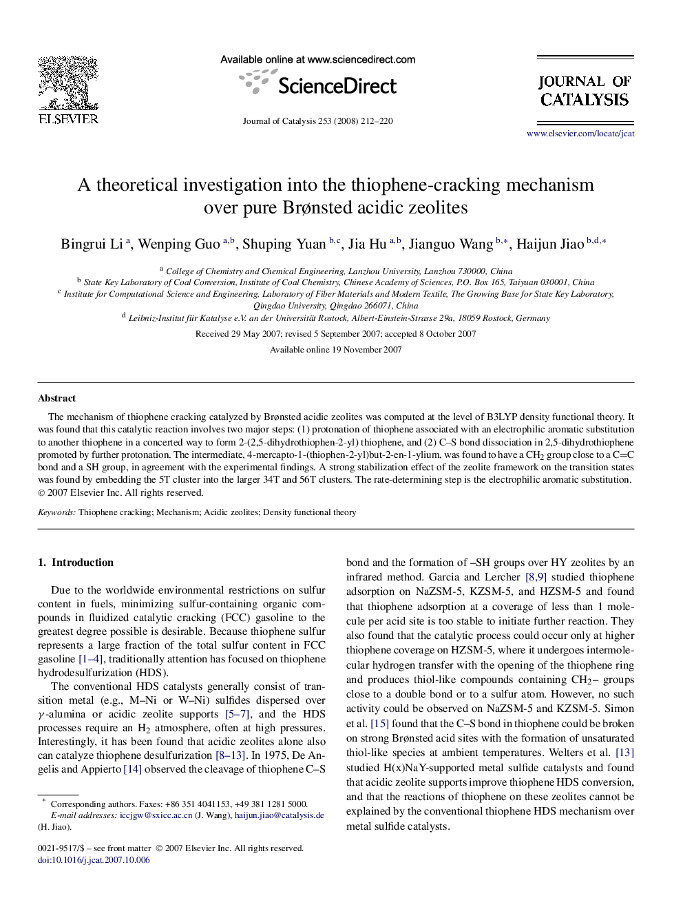 A theoretical investigation into the thiophene-cracking mechanism over pure Brønsted acidic zeolites