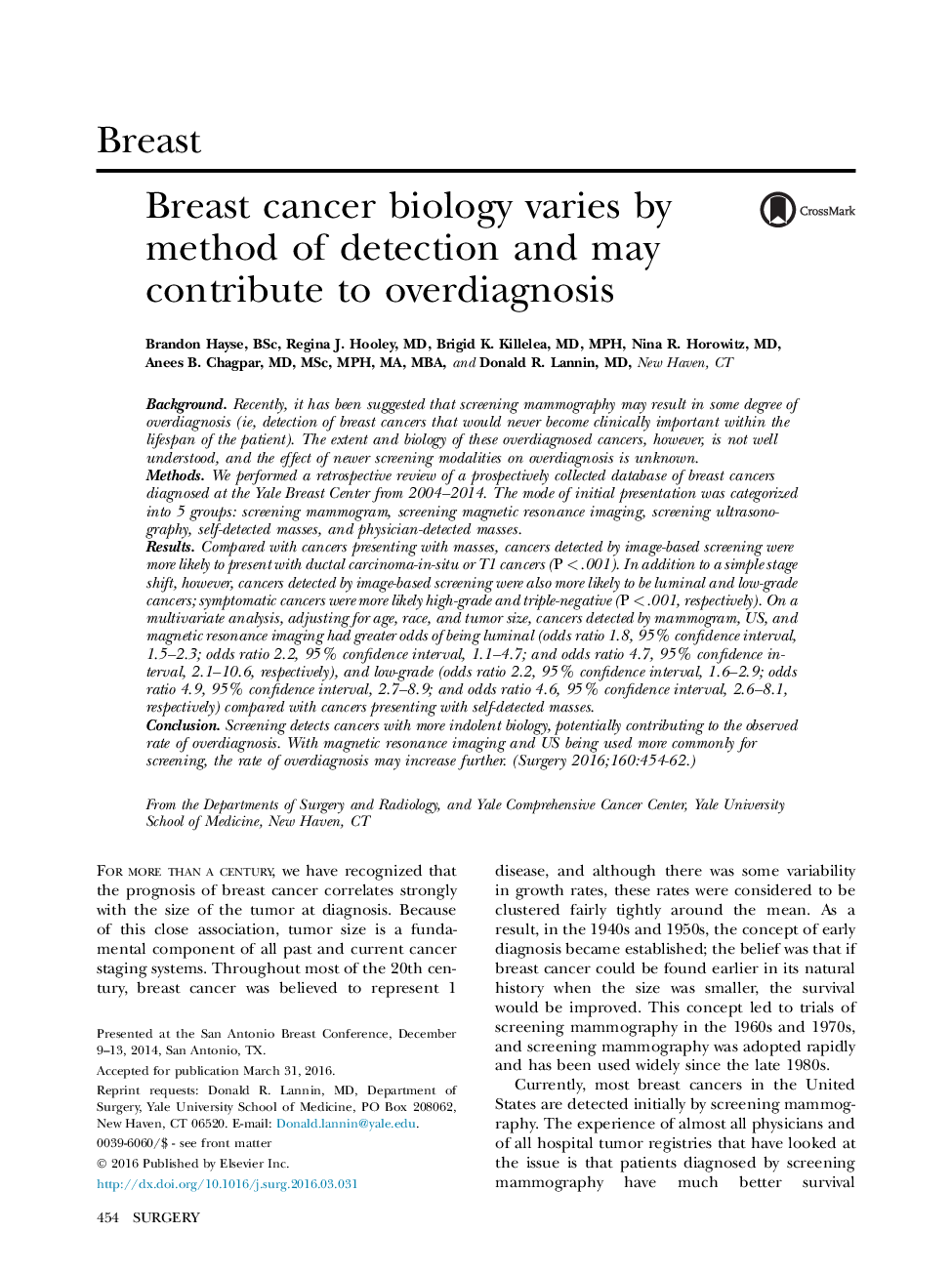 BreastBreast cancer biology varies by method of detection and may contribute to overdiagnosis