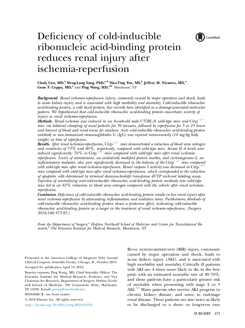 ضایعات تروما / بحران کمبود پروتئین اتصال دهنده ریبونوکلئیک اسید با القای سرب باعث کاهش آسیب کلیه پس از ایسکمی-رپرفیوژن 