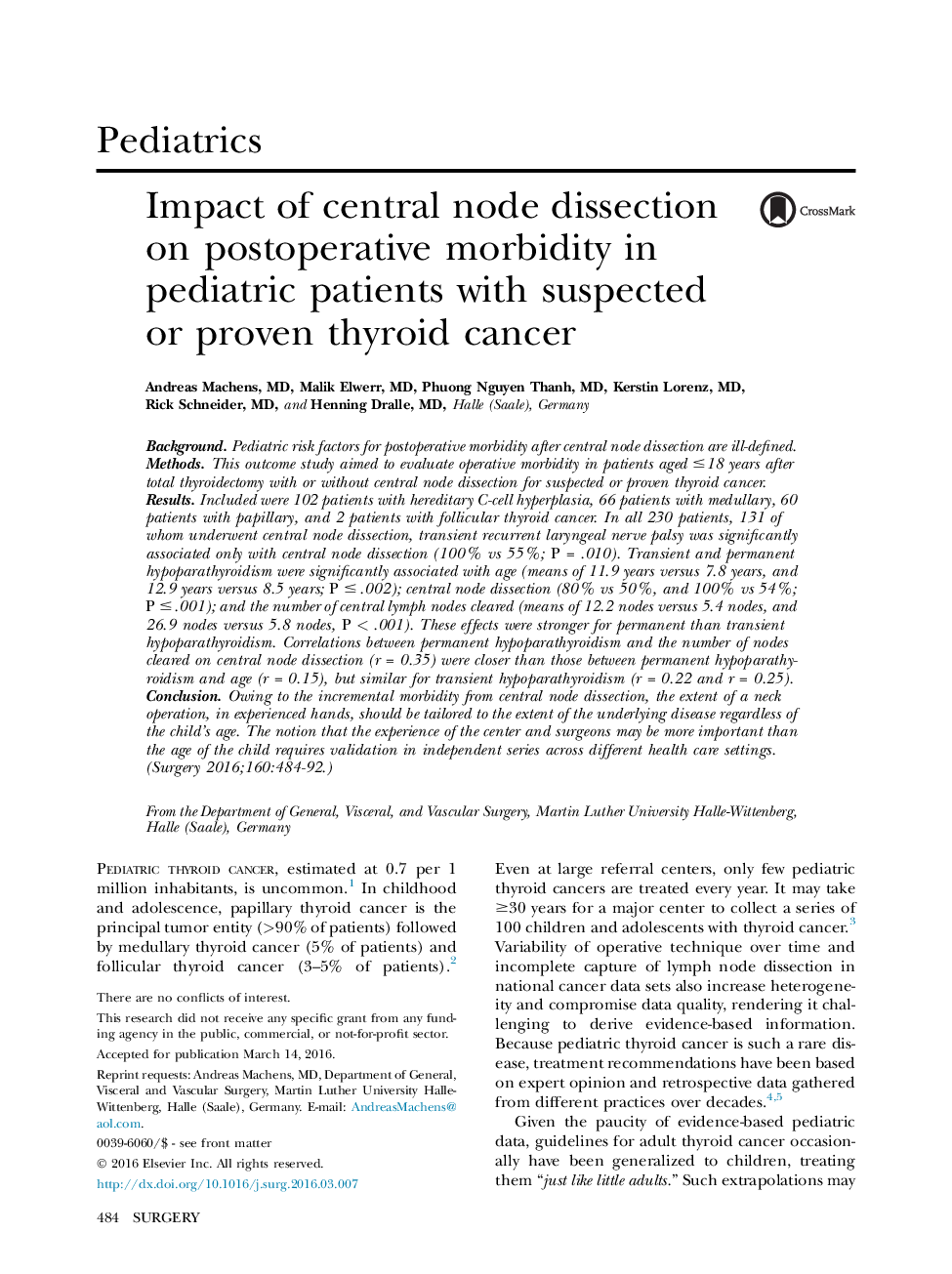 PediatricsImpact of central node dissection on postoperative morbidity in pediatric patients with suspected or proven thyroid cancer