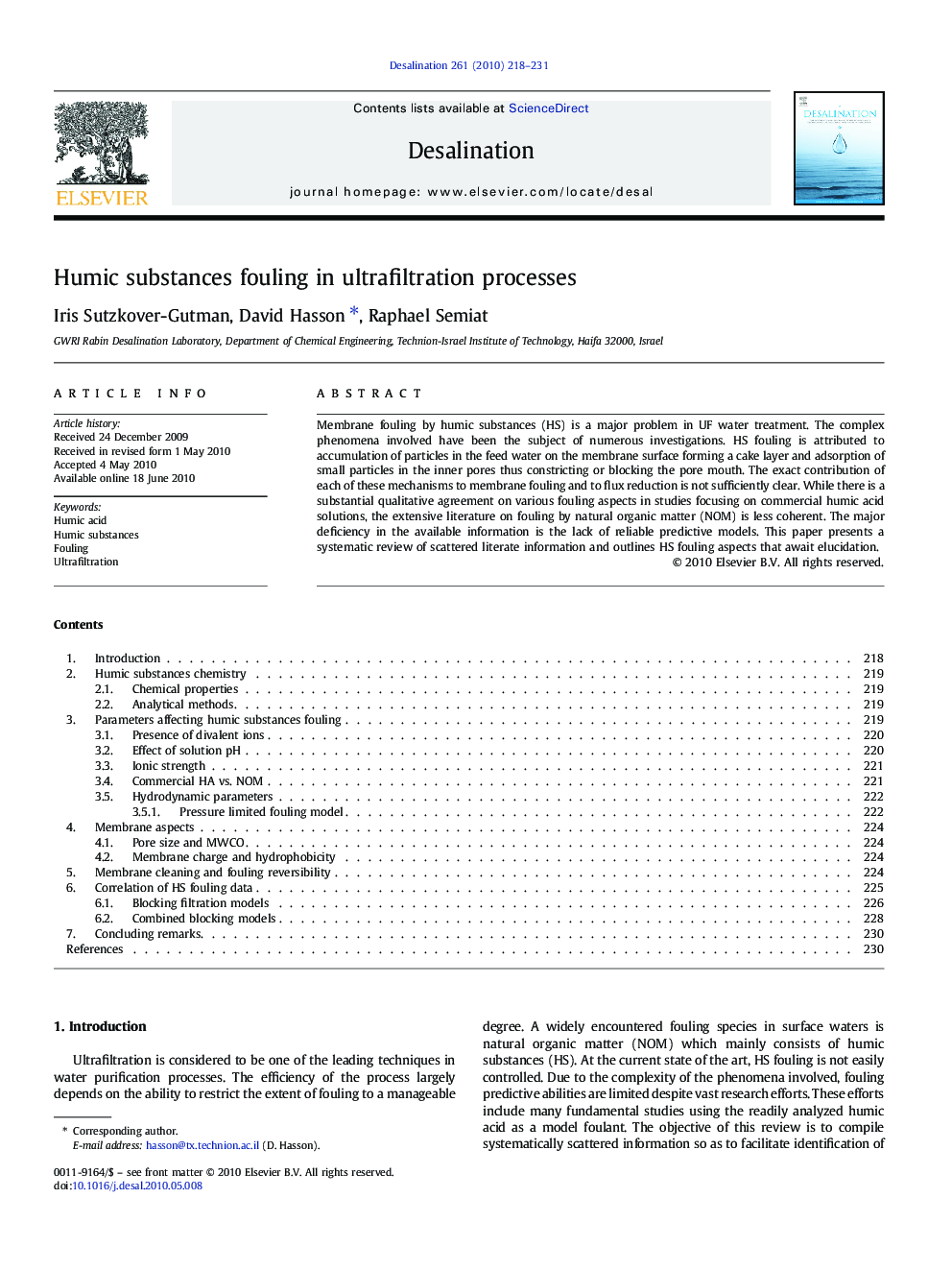 Humic substances fouling in ultrafiltration processes