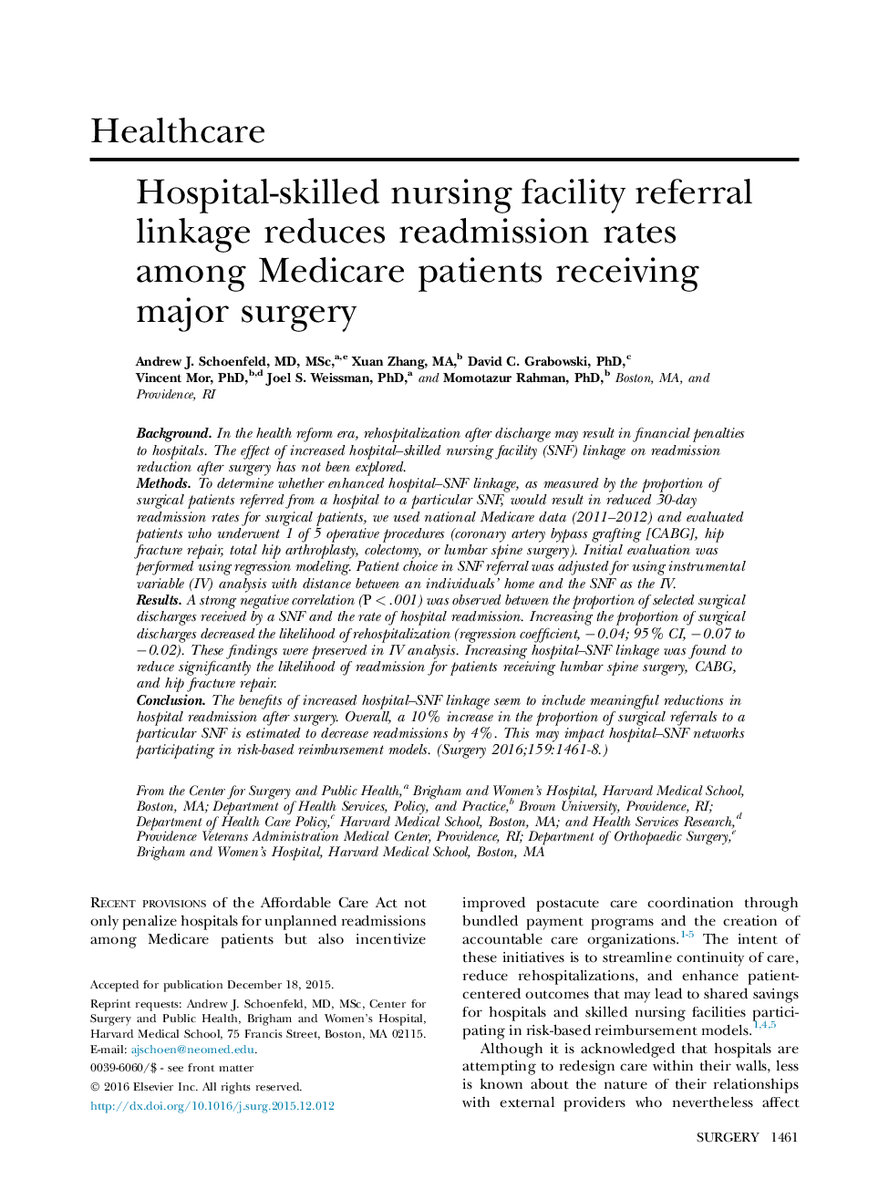 HealthcareHospital-skilled nursing facility referral linkage reduces readmission rates among Medicare patients receiving major surgery