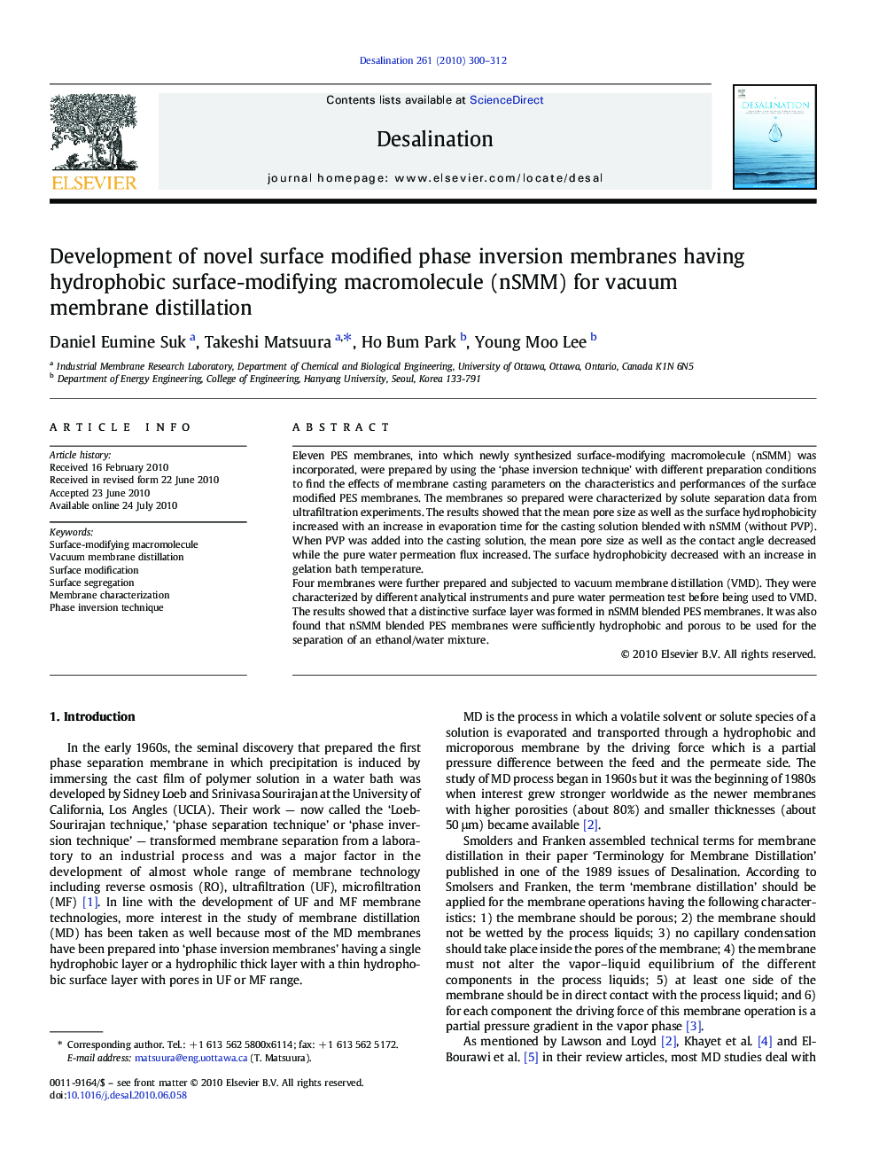 Development of novel surface modified phase inversion membranes having hydrophobic surface-modifying macromolecule (nSMM) for vacuum membrane distillation