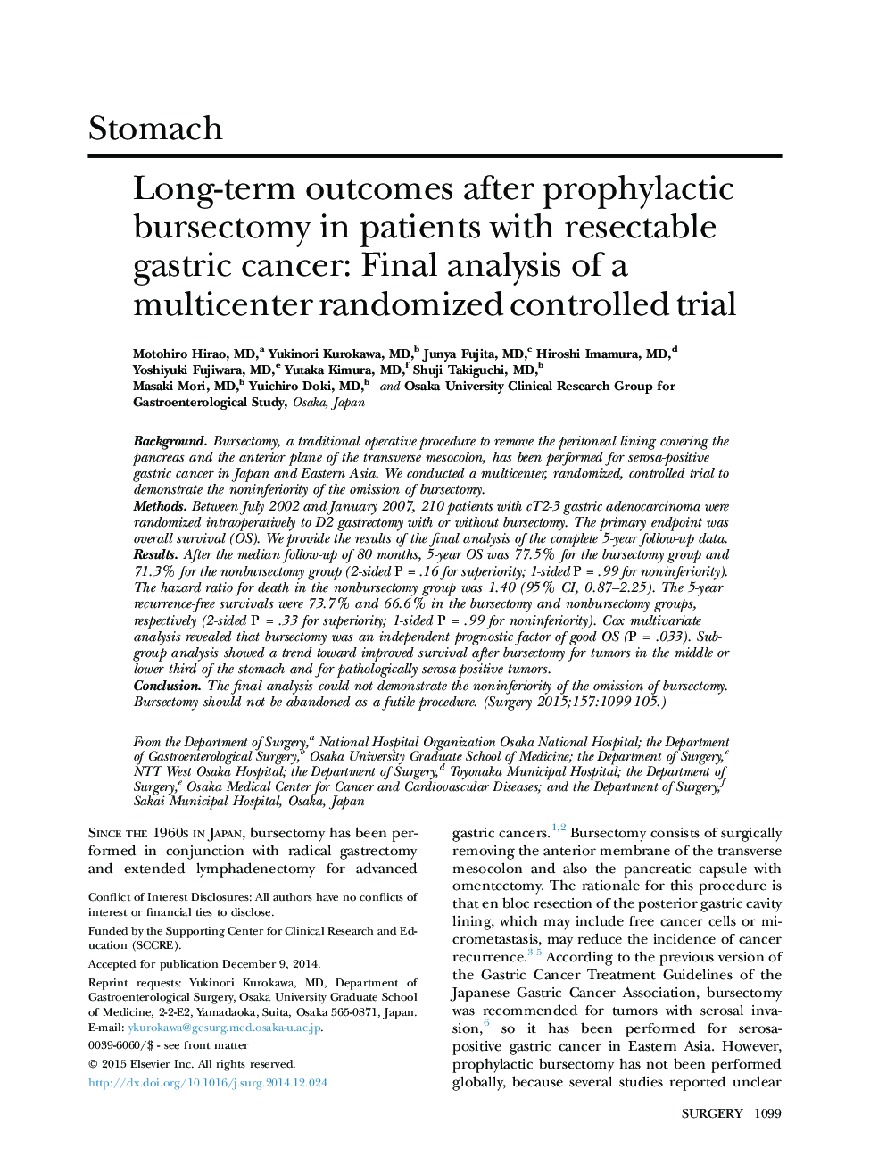 StomachLong-term outcomes after prophylactic bursectomy in patients with resectable gastric cancer: Final analysis of a multicenter randomized controlledÂ trial