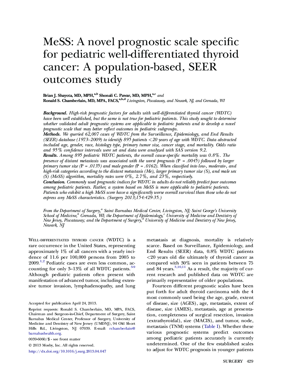 Surgical Outcome ResearchMeSS: A novel prognostic scale specific for pediatric well-differentiated thyroid cancer: A population-based, SEER outcomes study