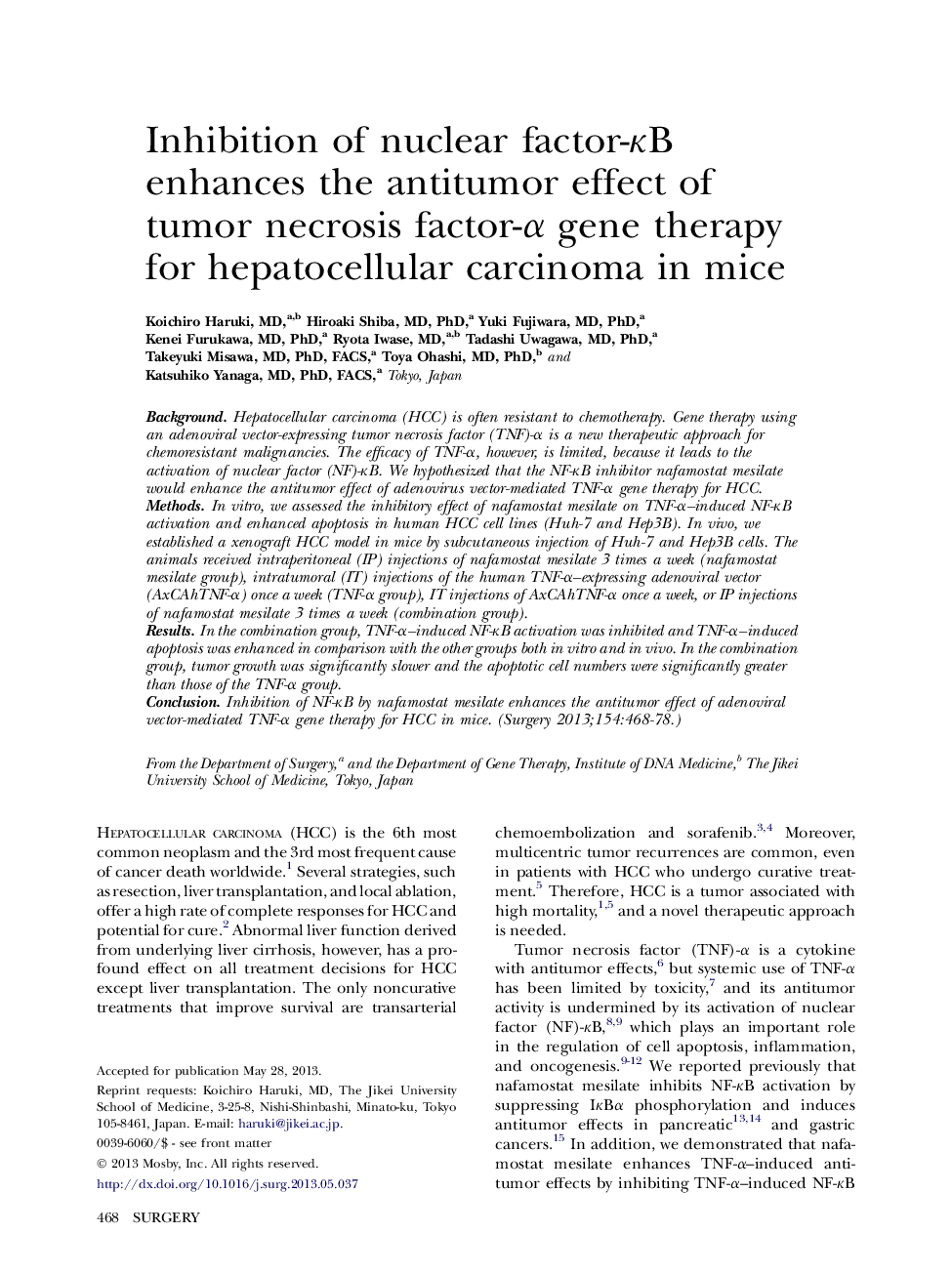 عکس صفحه اول مقاله: Society of University SurgeonsInhibition of nuclear factor-κB enhances the antitumor effect of tumor necrosis factor-α gene therapy for hepatocellular carcinoma in mice Society of University SurgeonsInhibition of nuclear factor-κB enhances the antitumor effect of tumor necrosis factor-α gene therapy for hepatocellular carcinoma in mice