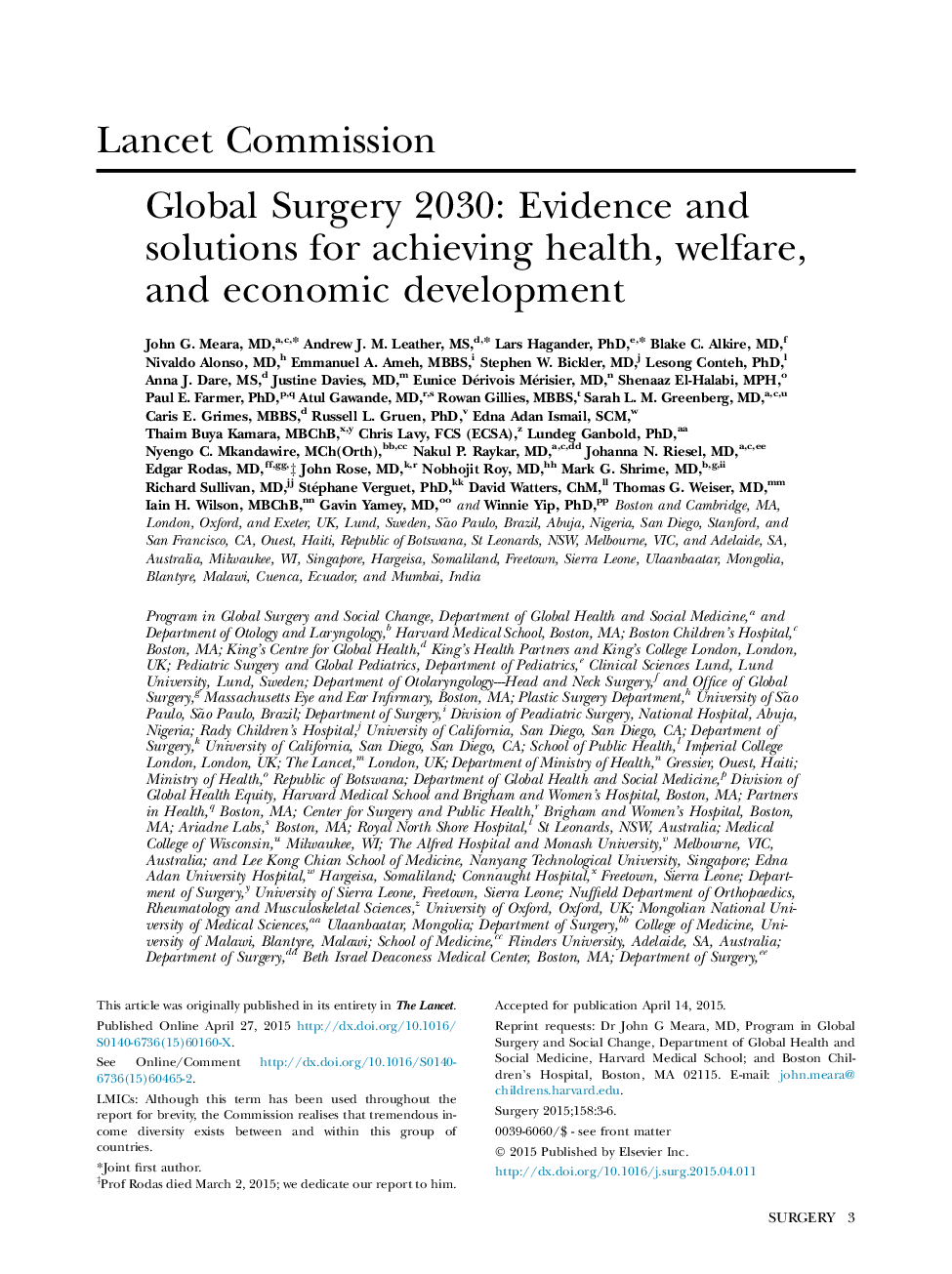 Global Surgery 2030: Evidence and solutions for achieving health, welfare, and economic development