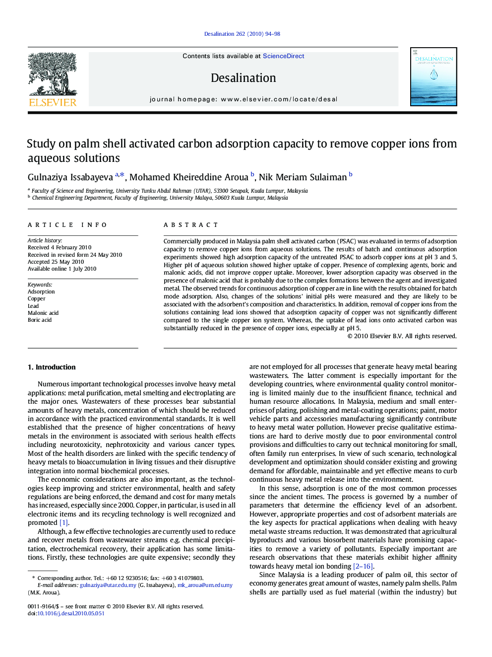 Study on palm shell activated carbon adsorption capacity to remove copper ions from aqueous solutions