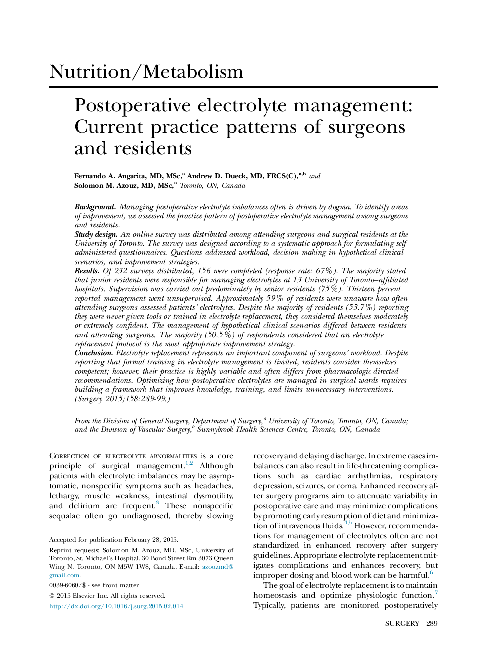 Nutrition/MetabolismPostoperative electrolyte management: Current practice patterns of surgeons and residents