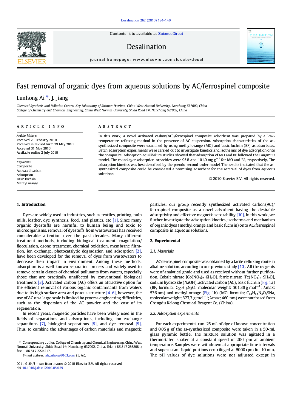 Fast removal of organic dyes from aqueous solutions by AC/ferrospinel composite