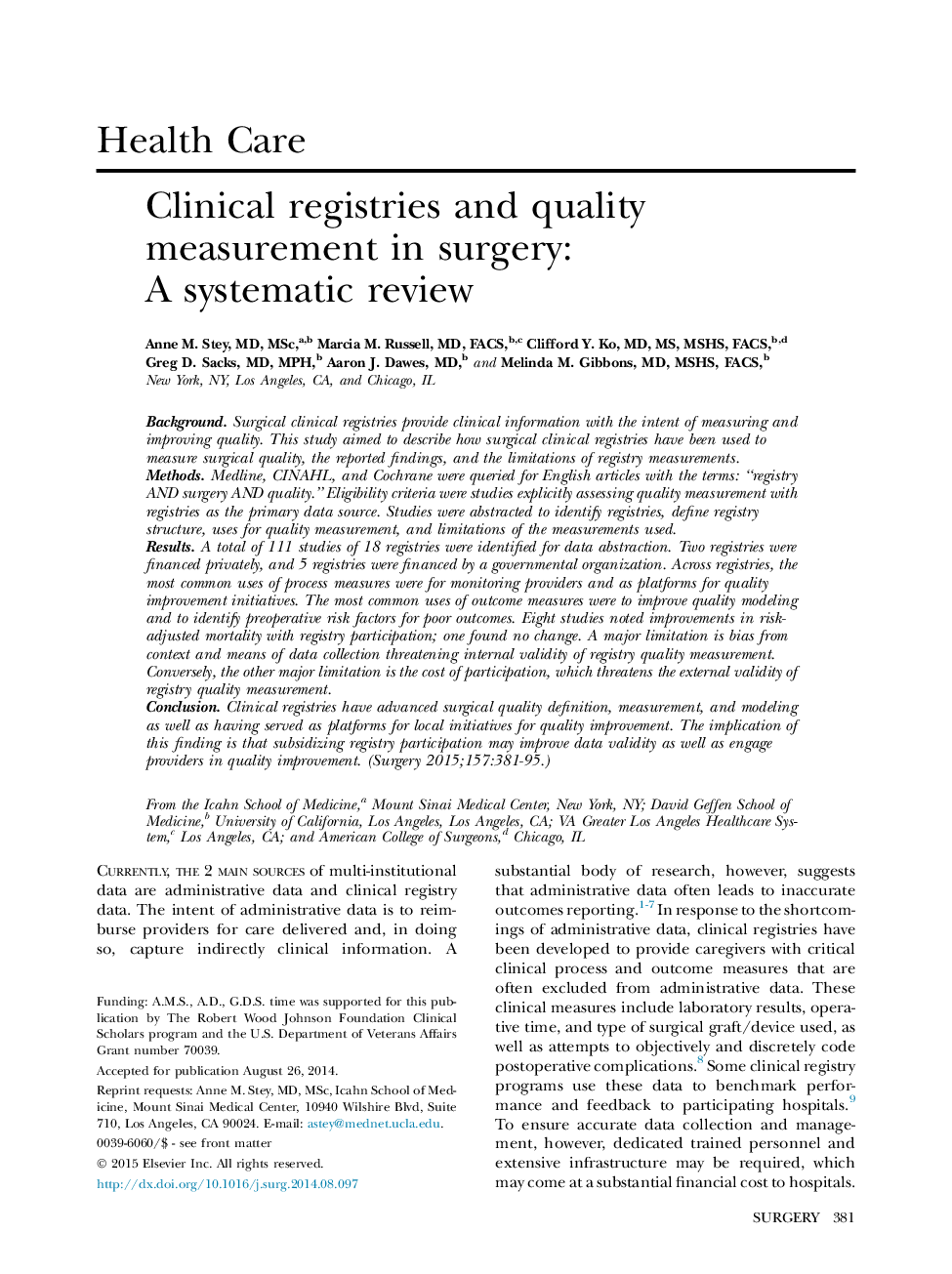 Health CareClinical registries and quality measurement in surgery: AÂ systematicÂ review
