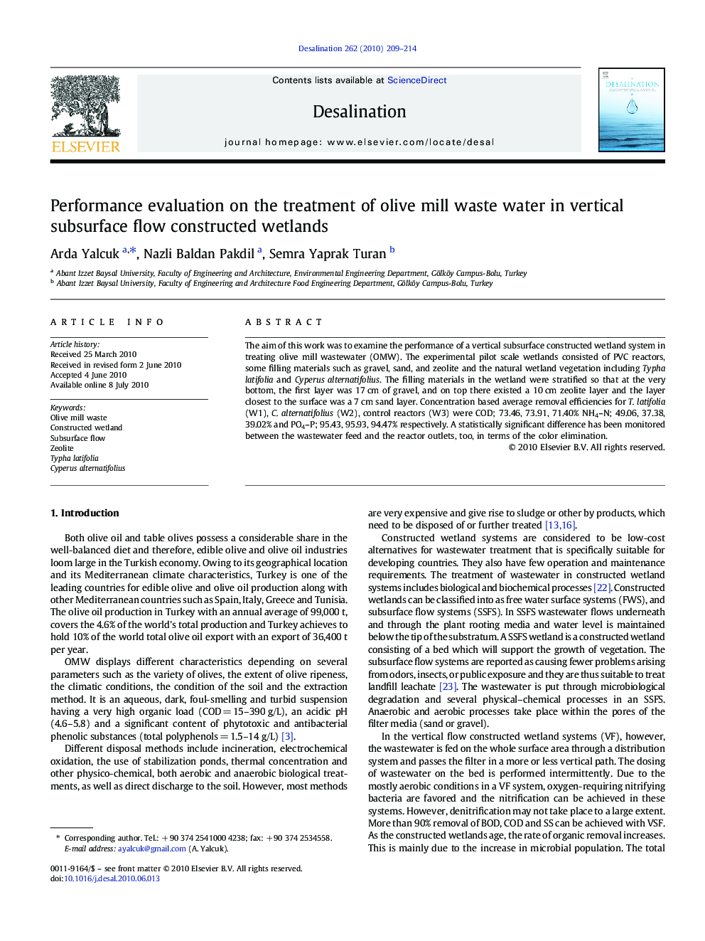 Performance evaluation on the treatment of olive mill waste water in vertical subsurface flow constructed wetlands