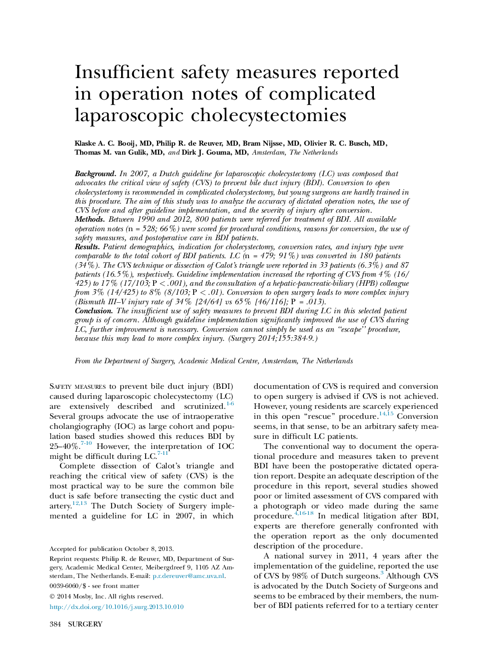 Original CommunicationInsufficient safety measures reported in operation notes of complicated laparoscopic cholecystectomies