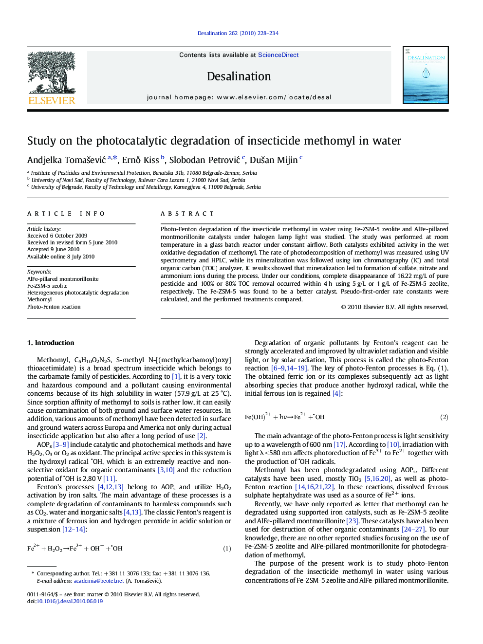 Study on the photocatalytic degradation of insecticide methomyl in water