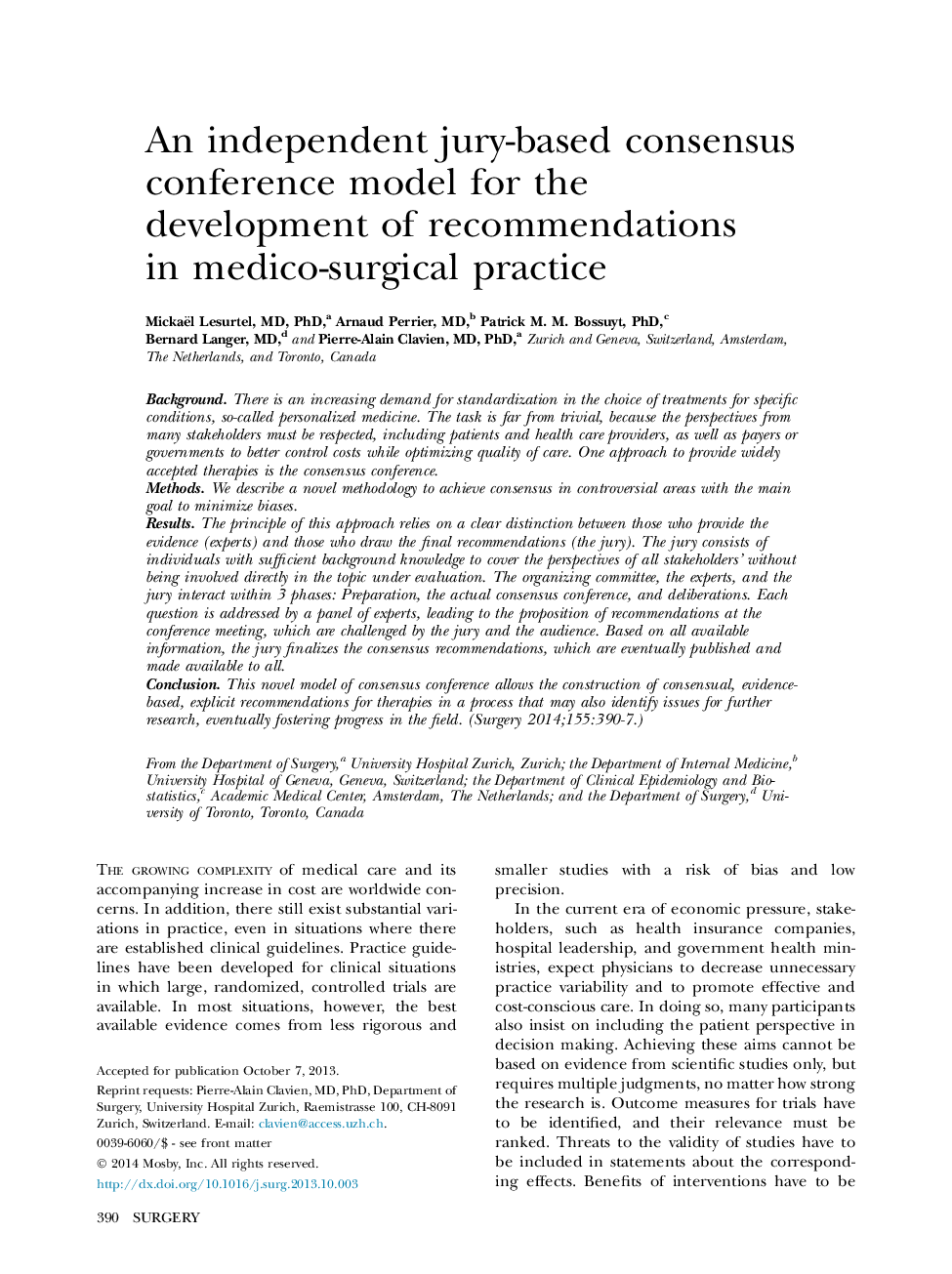 Original CommunicationAn independent jury-based consensus conference model for the development of recommendations in medico-surgical practice