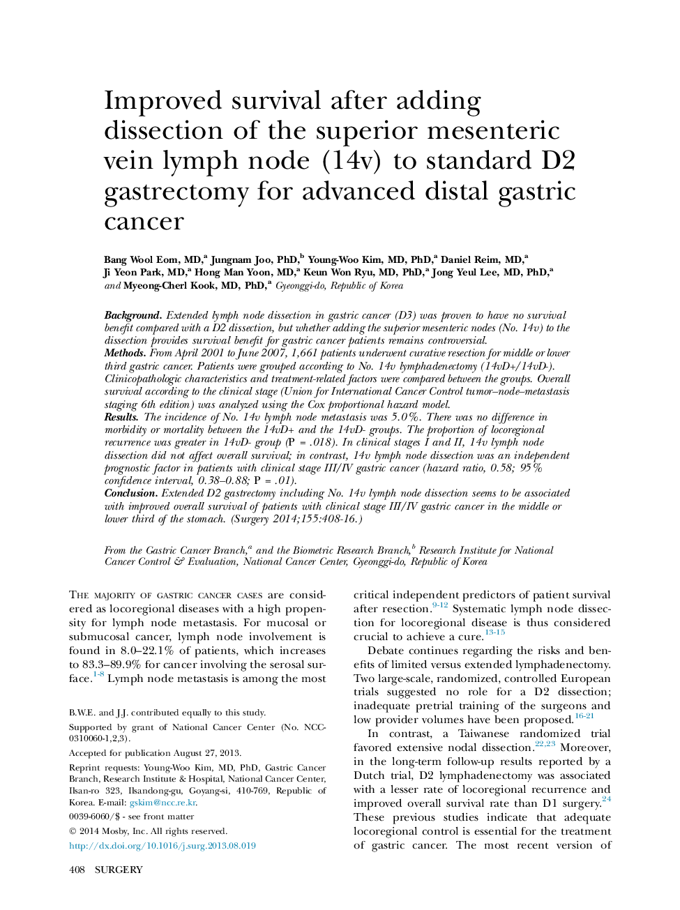 Original CommunicationImproved survival after adding dissection of the superior mesenteric vein lymph node (14v) to standard D2 gastrectomy for advanced distal gastric cancer