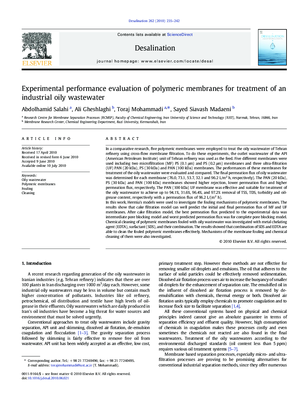 Experimental performance evaluation of polymeric membranes for treatment of an industrial oily wastewater