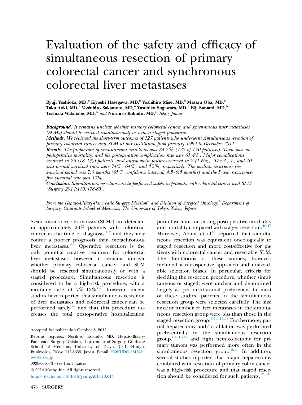 Original CommunicationEvaluation of the safety and efficacy of simultaneous resection of primary colorectal cancer and synchronous colorectal liver metastases