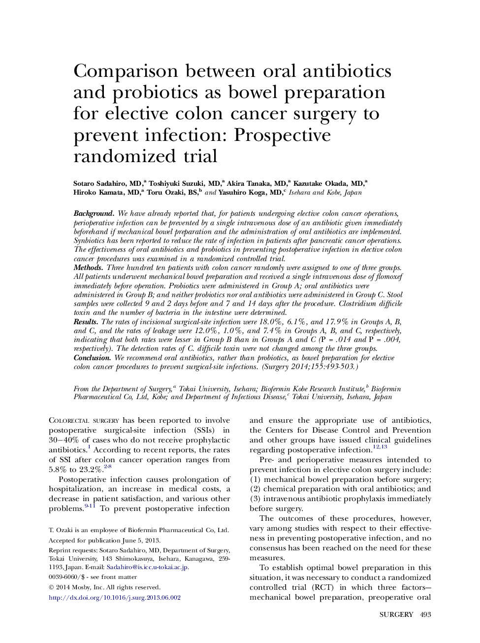 Original CommunicationComparison between oral antibiotics and probiotics as bowel preparation for elective colon cancer surgery to prevent infection: Prospective randomized trial