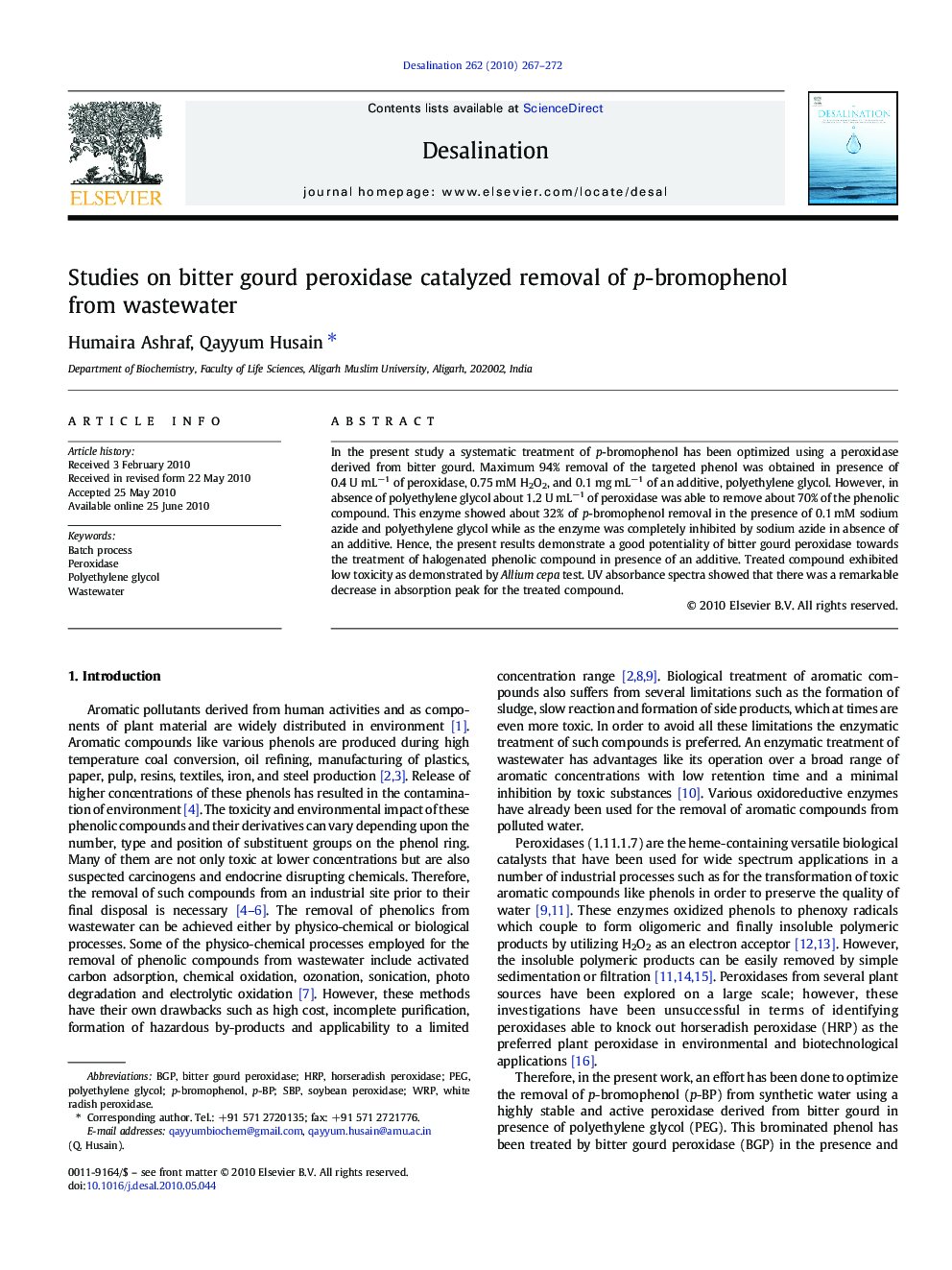 Studies on bitter gourd peroxidase catalyzed removal of p-bromophenol from wastewater