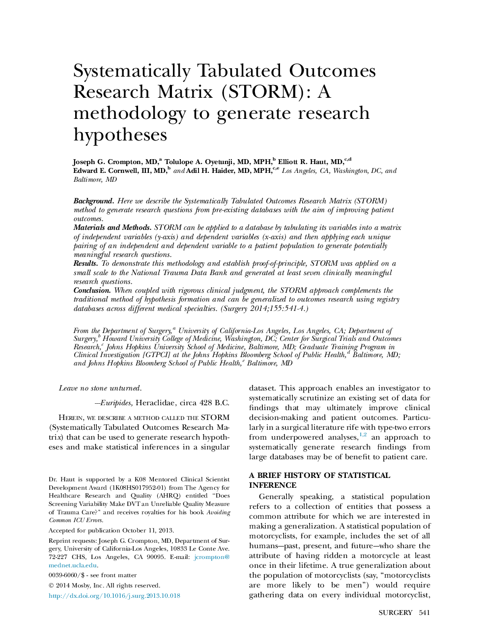 Original CommunicationSystematically Tabulated Outcomes Research Matrix (STORM): A methodology to generate research hypotheses