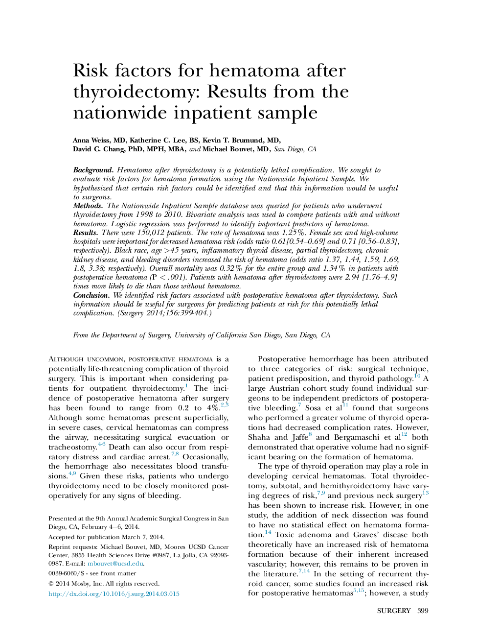 Society of University SurgeonsRisk factors for hematoma after thyroidectomy: Results from the nationwide inpatient sample