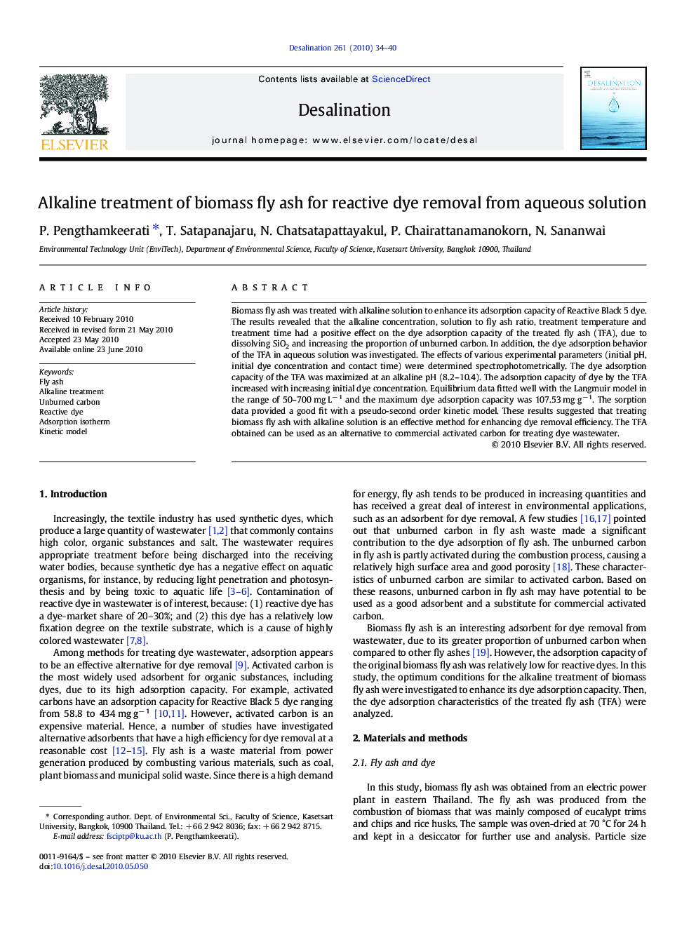 Alkaline treatment of biomass fly ash for reactive dye removal from aqueous solution