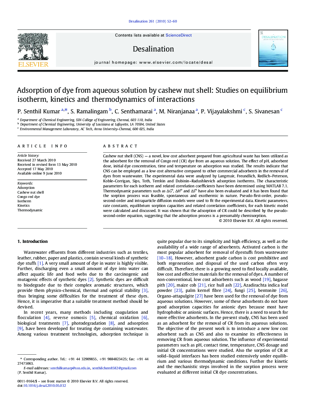 Adsorption of dye from aqueous solution by cashew nut shell: Studies on equilibrium isotherm, kinetics and thermodynamics of interactions