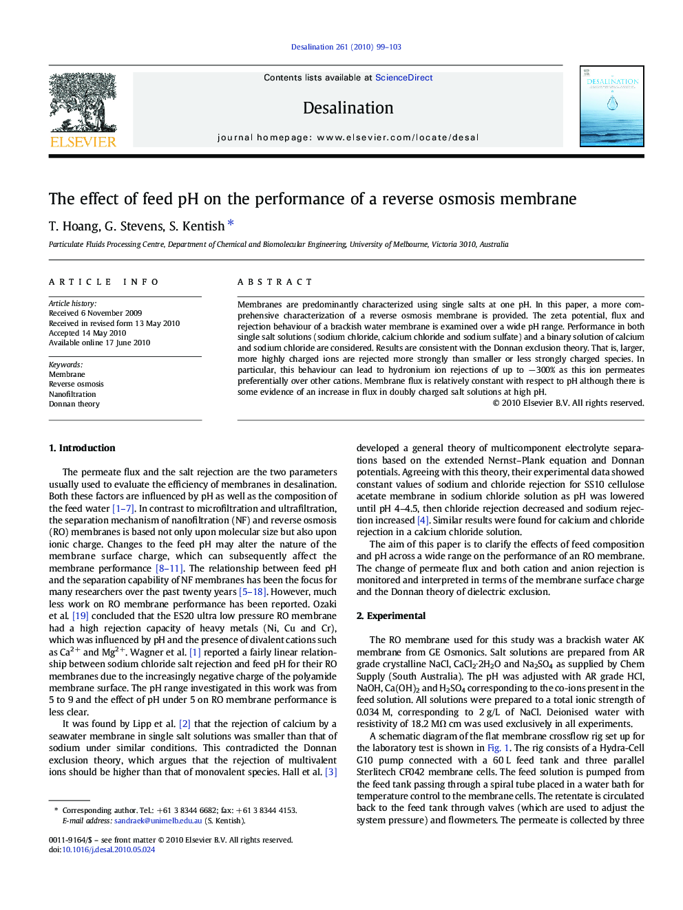 The effect of feed pH on the performance of a reverse osmosis membrane