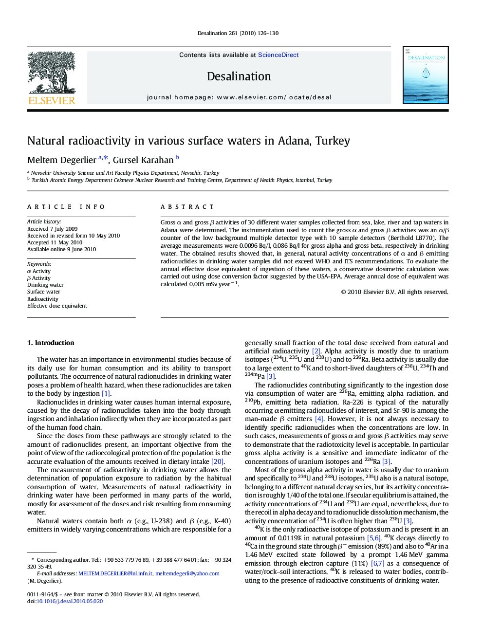 Natural radioactivity in various surface waters in Adana, Turkey