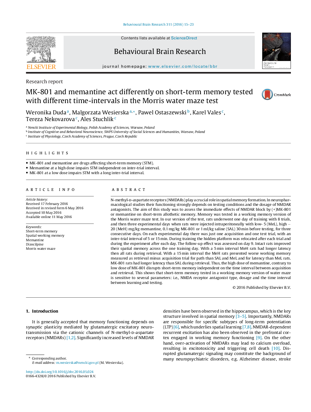 Research reportMK-801 and memantine act differently on short-term memory tested with different time-intervals in the Morris water maze test