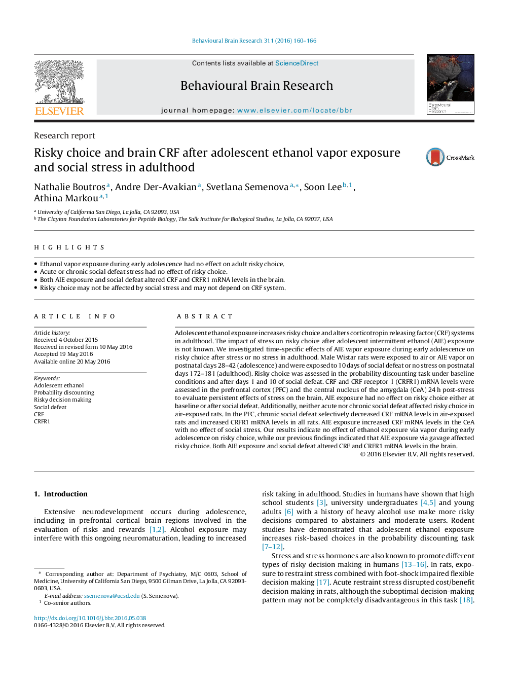 Research reportRisky choice and brain CRF after adolescent ethanol vapor exposure and social stress in adulthood