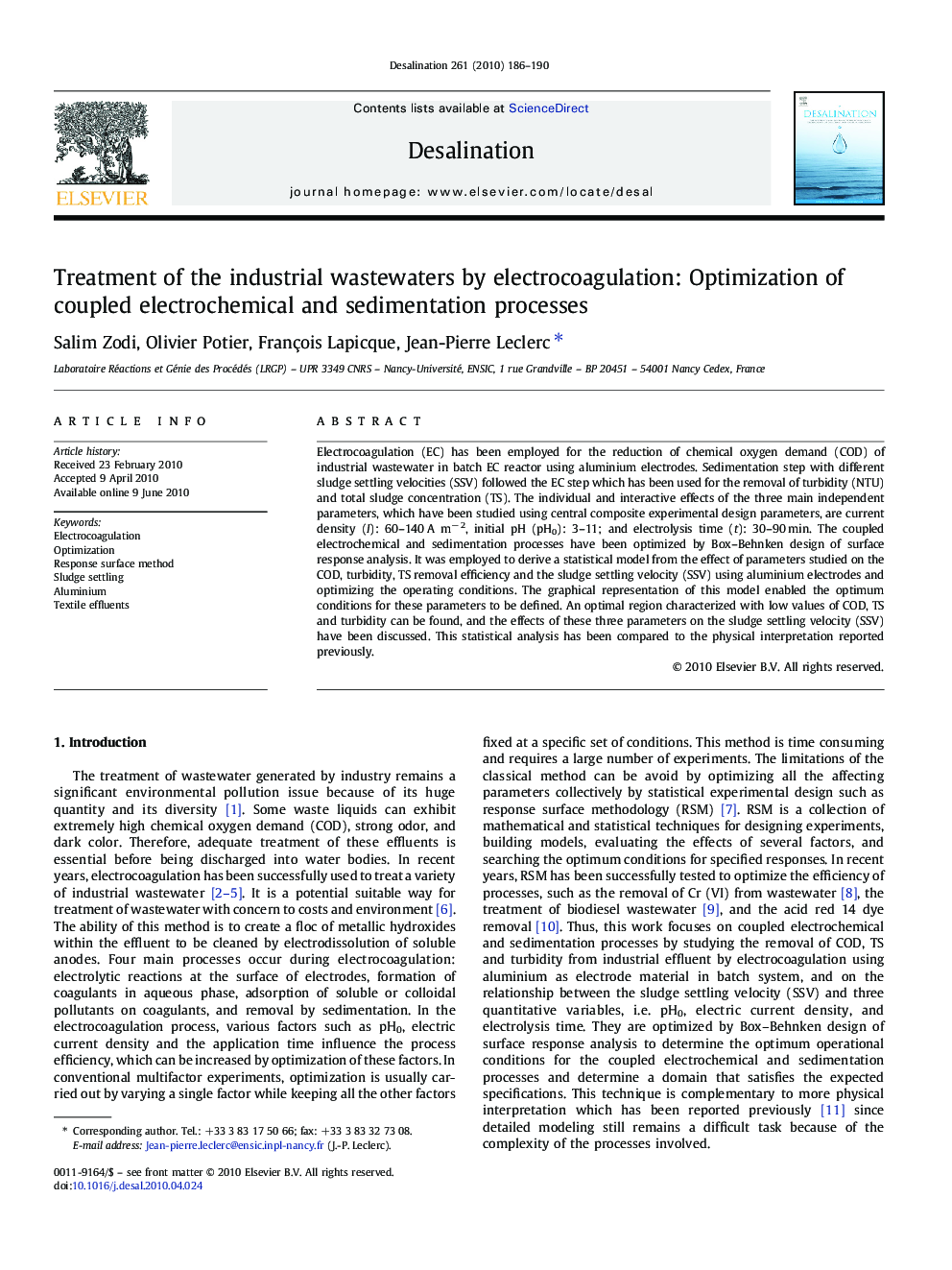 Treatment of the industrial wastewaters by electrocoagulation: Optimization of coupled electrochemical and sedimentation processes