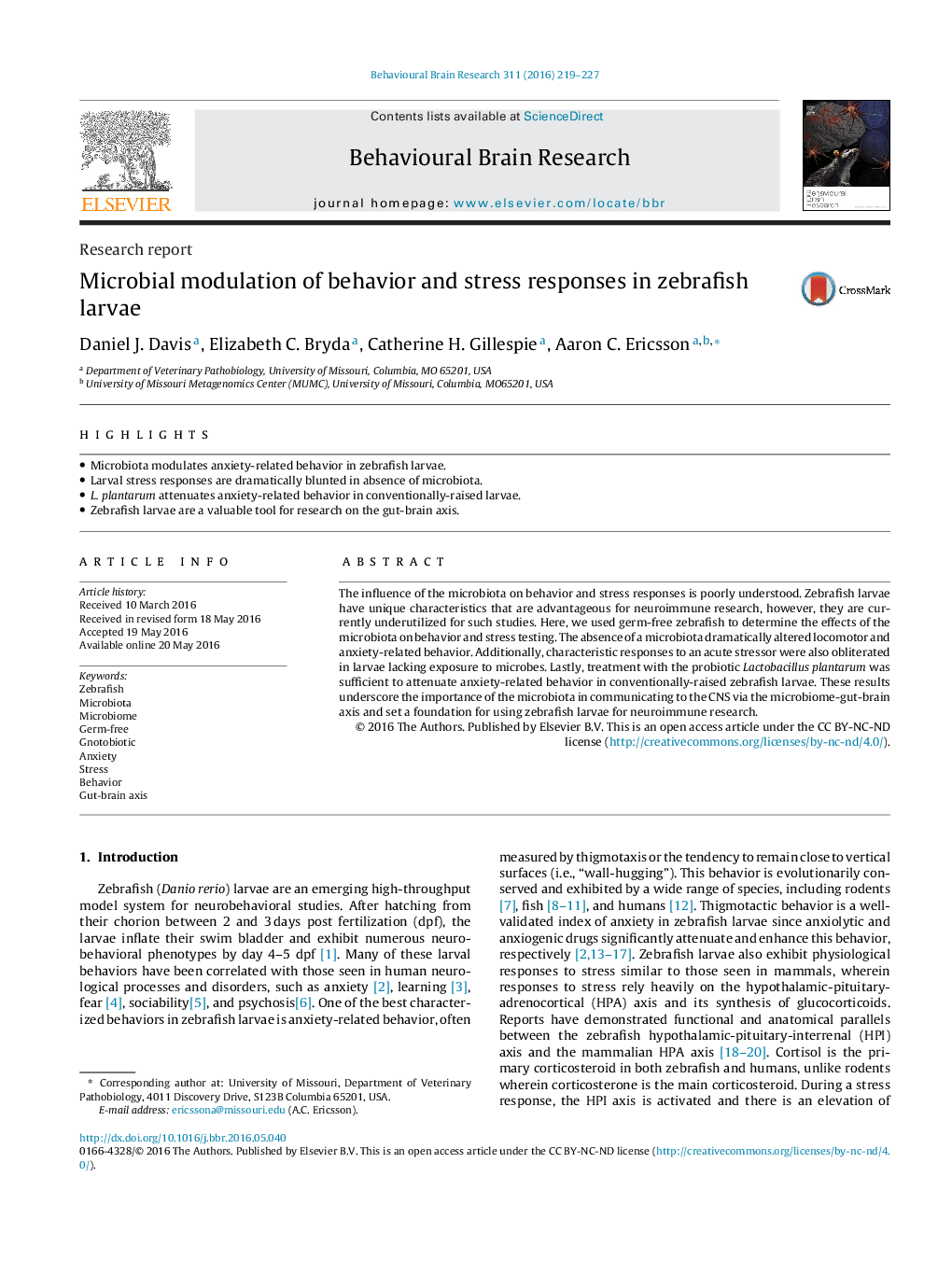 Research reportMicrobial modulation of behavior and stress responses in zebrafish larvae