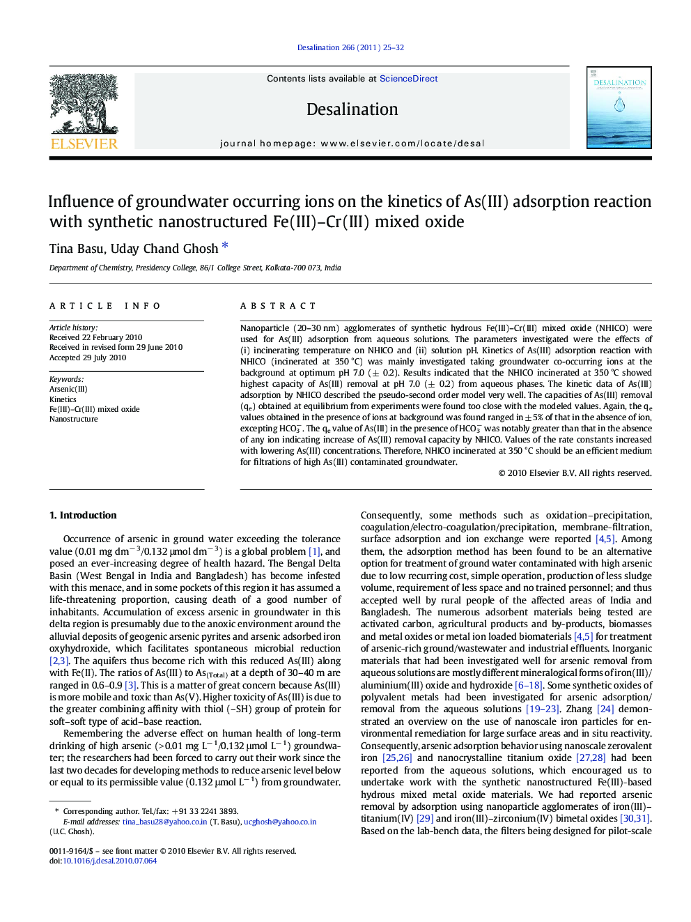 Influence of groundwater occurring ions on the kinetics of As(III) adsorption reaction with synthetic nanostructured Fe(III)-Cr(III) mixed oxide