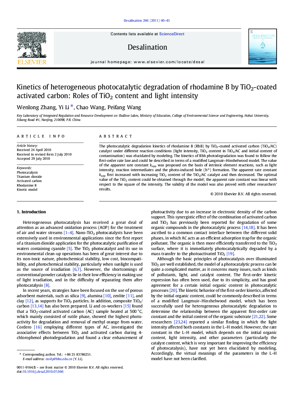 Kinetics of heterogeneous photocatalytic degradation of rhodamine B by TiO2-coated activated carbon: Roles of TiO2 content and light intensity