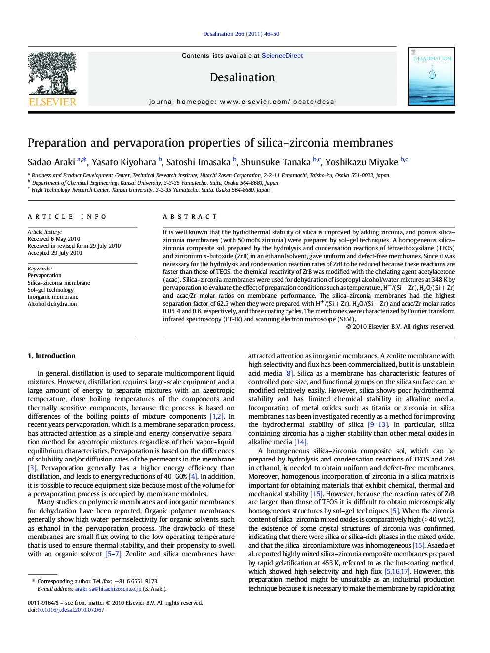 Preparation and pervaporation properties of silica–zirconia membranes