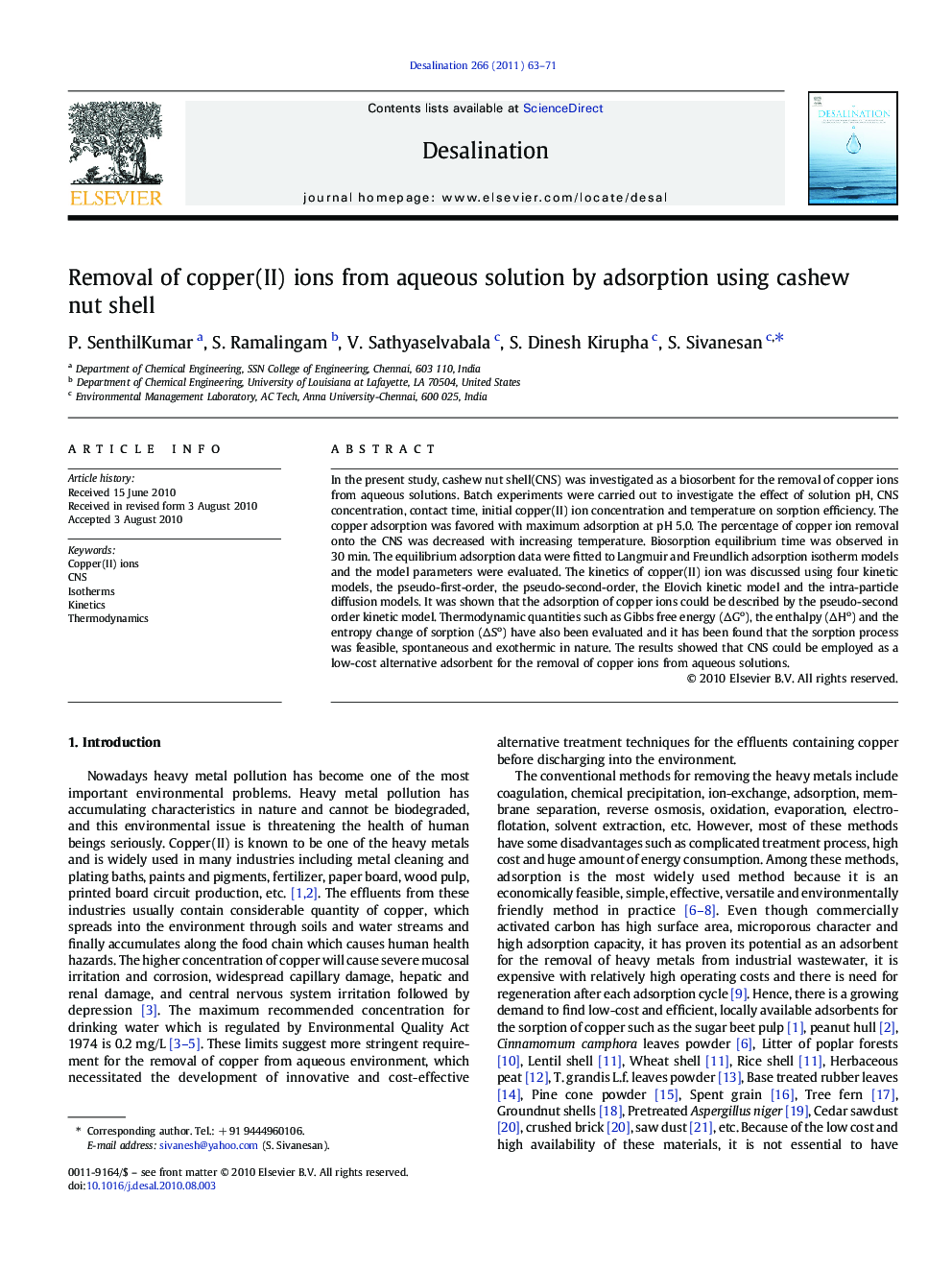 Removal of copper(II) ions from aqueous solution by adsorption using cashew nut shell