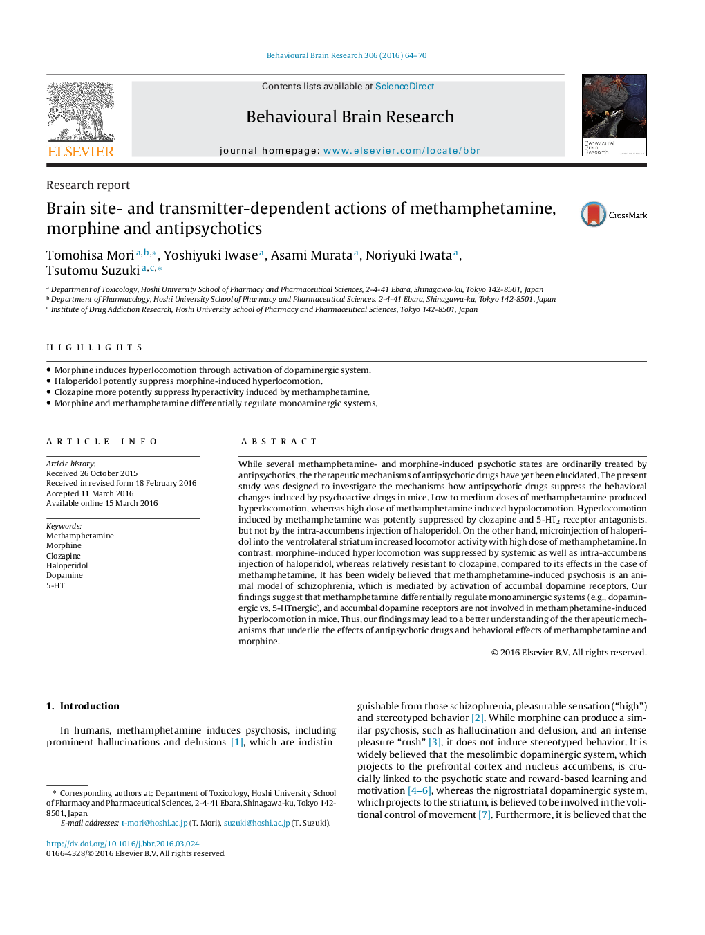 Research reportBrain site- and transmitter-dependent actions of methamphetamine, morphine and antipsychotics