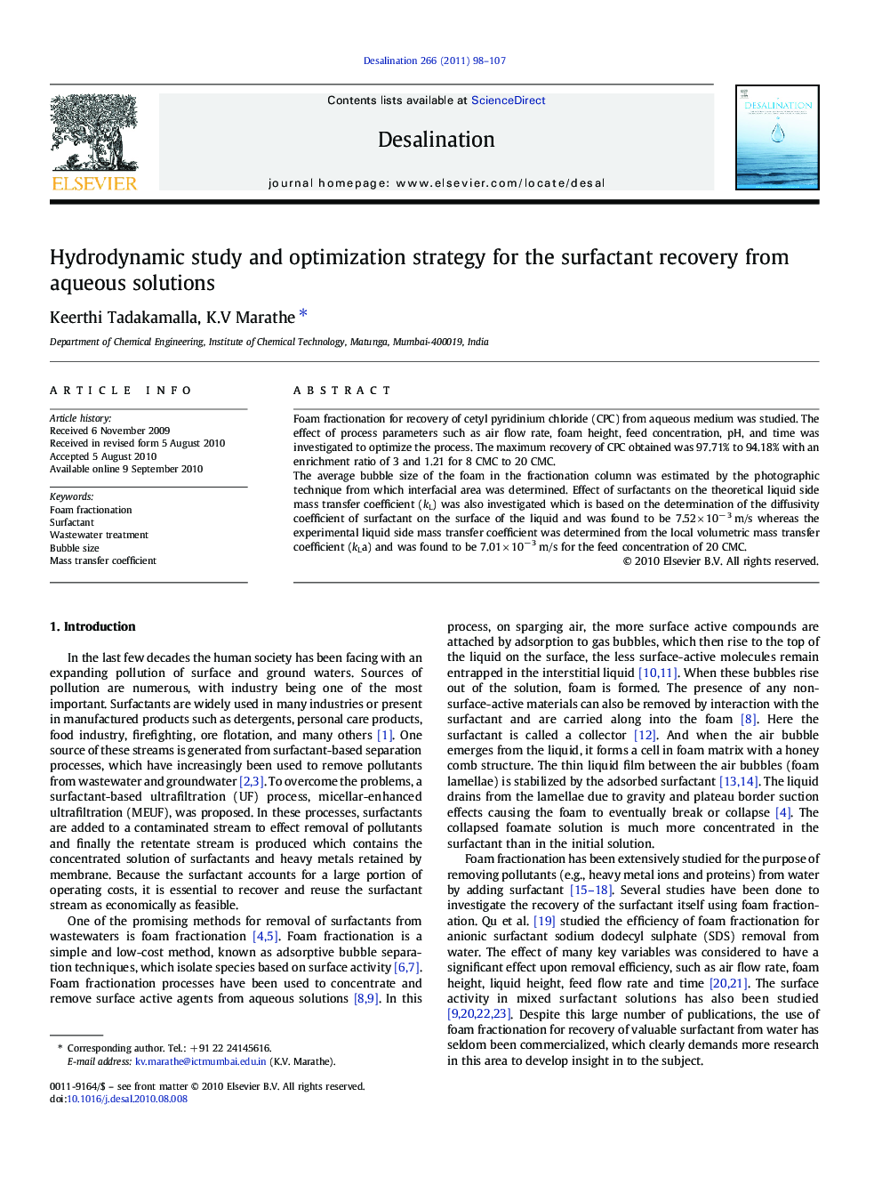 Hydrodynamic study and optimization strategy for the surfactant recovery from aqueous solutions