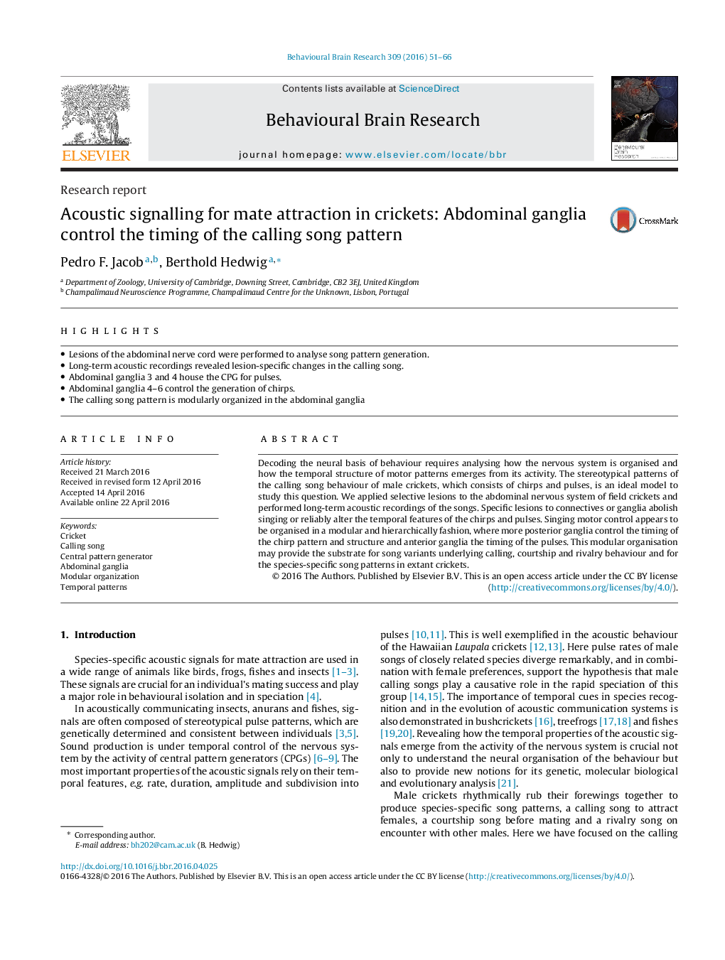 Research reportAcoustic signalling for mate attraction in crickets: Abdominal ganglia control the timing of the calling song pattern