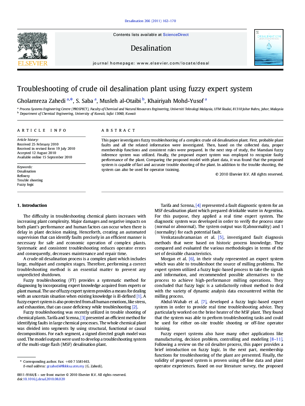 Troubleshooting of crude oil desalination plant using fuzzy expert system