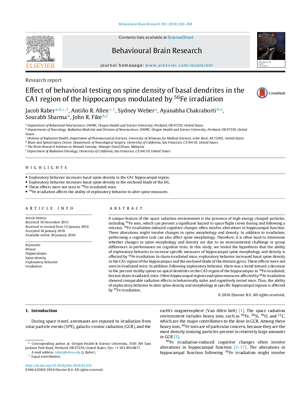 Research reportEffect of behavioral testing on spine density of basal dendrites in the CA1 region of the hippocampus modulated by 56Fe irradiation