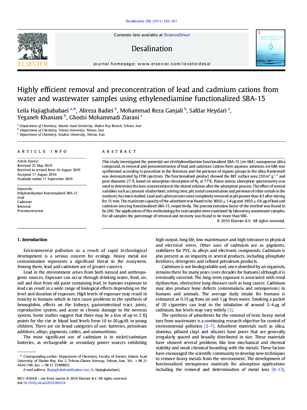 Highly efficient removal and preconcentration of lead and cadmium cations from water and wastewater samples using ethylenediamine functionalized SBA-15